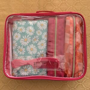 Conair 5 Piece Toiletry and Cosmetic Bag Set 4 Bags 1 Comb Pink Daisy Prints